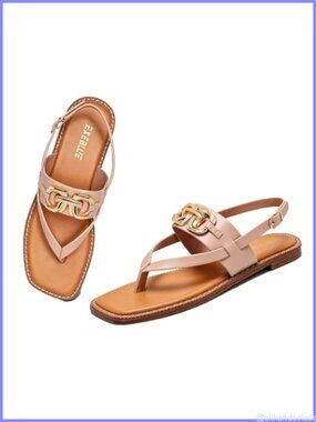 Womens Square Toe Thong Sandals Gold Chain Adjustable Buckle Slingback Flat